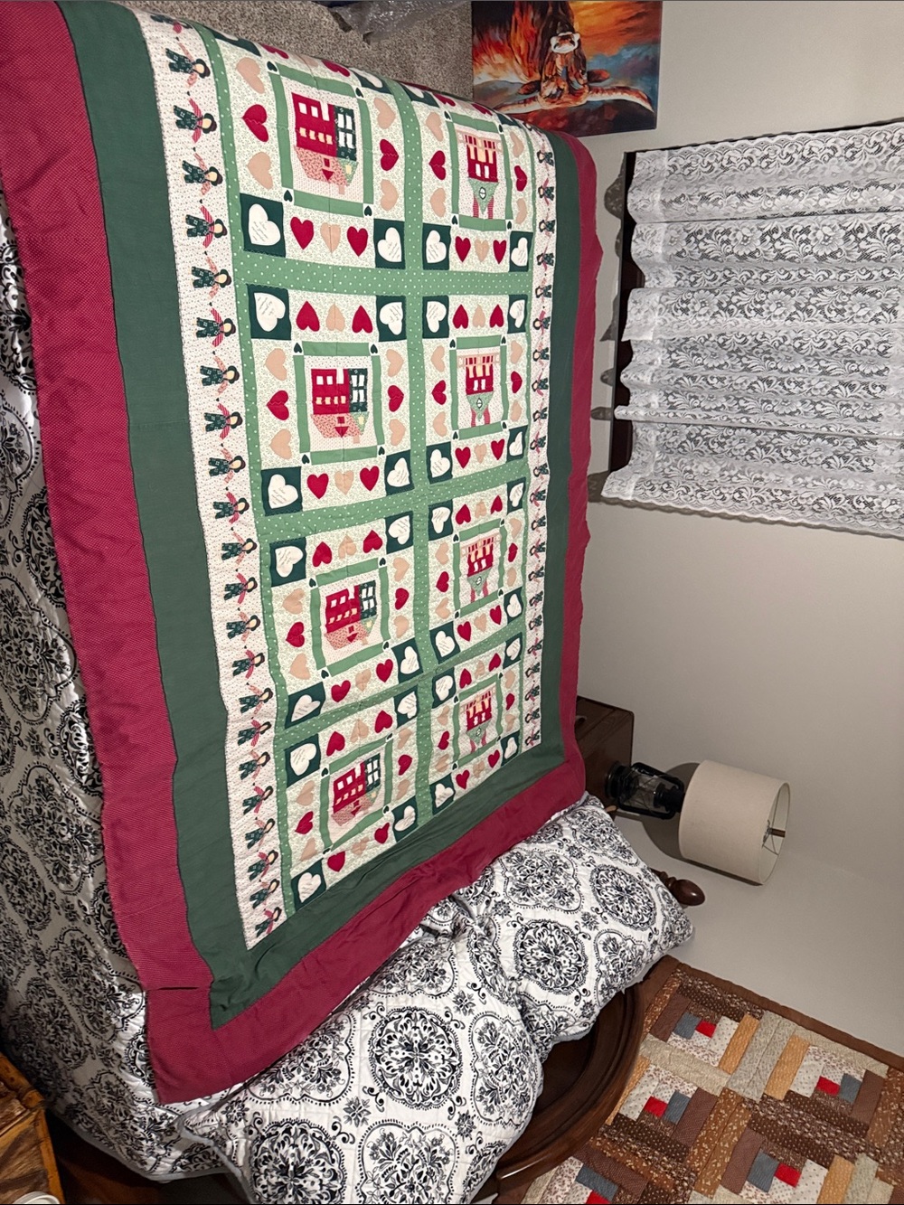Handmade Green and Red Patchwork House Quilt by - Picture 2 of 4